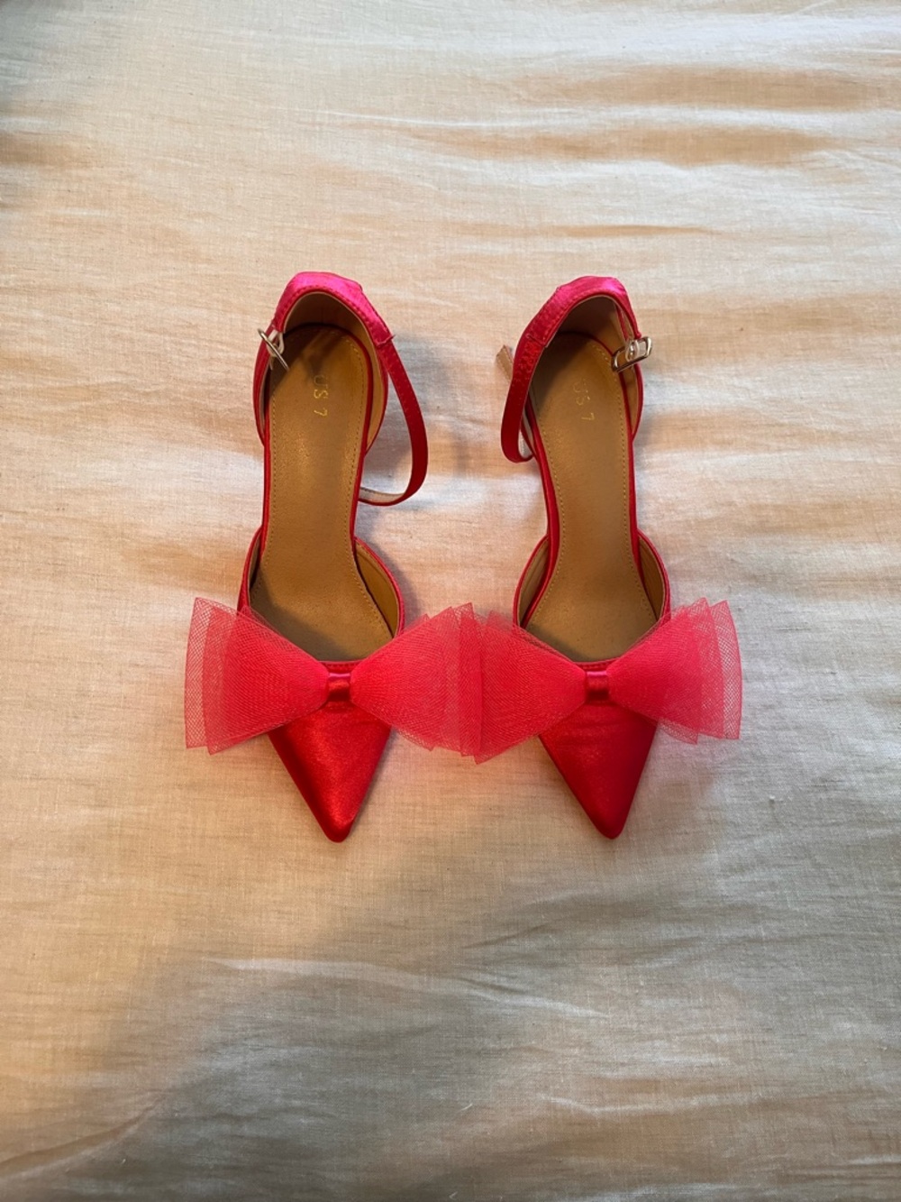 Pink Pointed-Toe Bow Ankle-Strap Heels